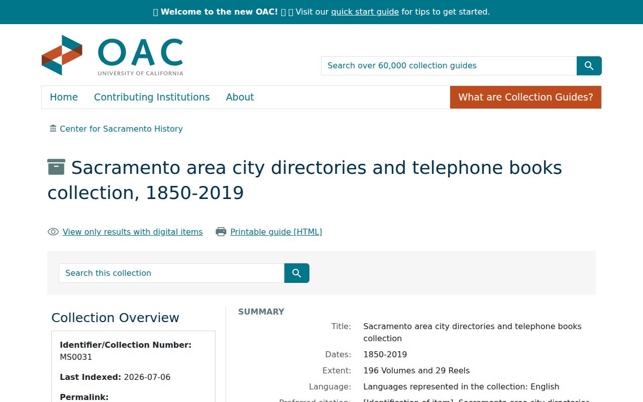 Rancho Cordova city directory collection finding aid