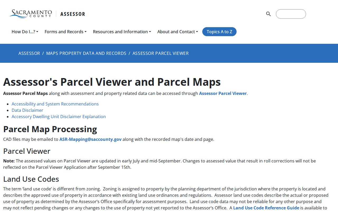 Rancho Cordova residents directory view of the Sacramento County Assessor Parcel Viewer