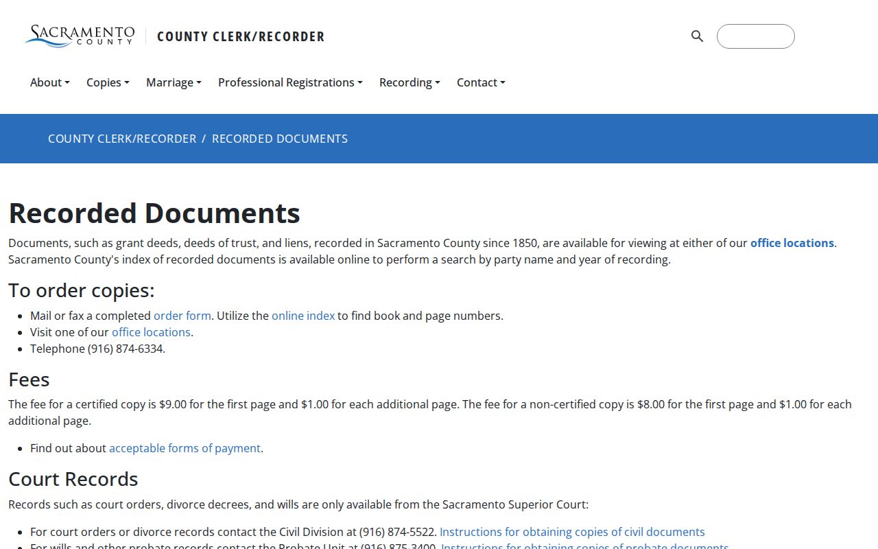 Rancho Cordova previous residents County Recorder copy fee information