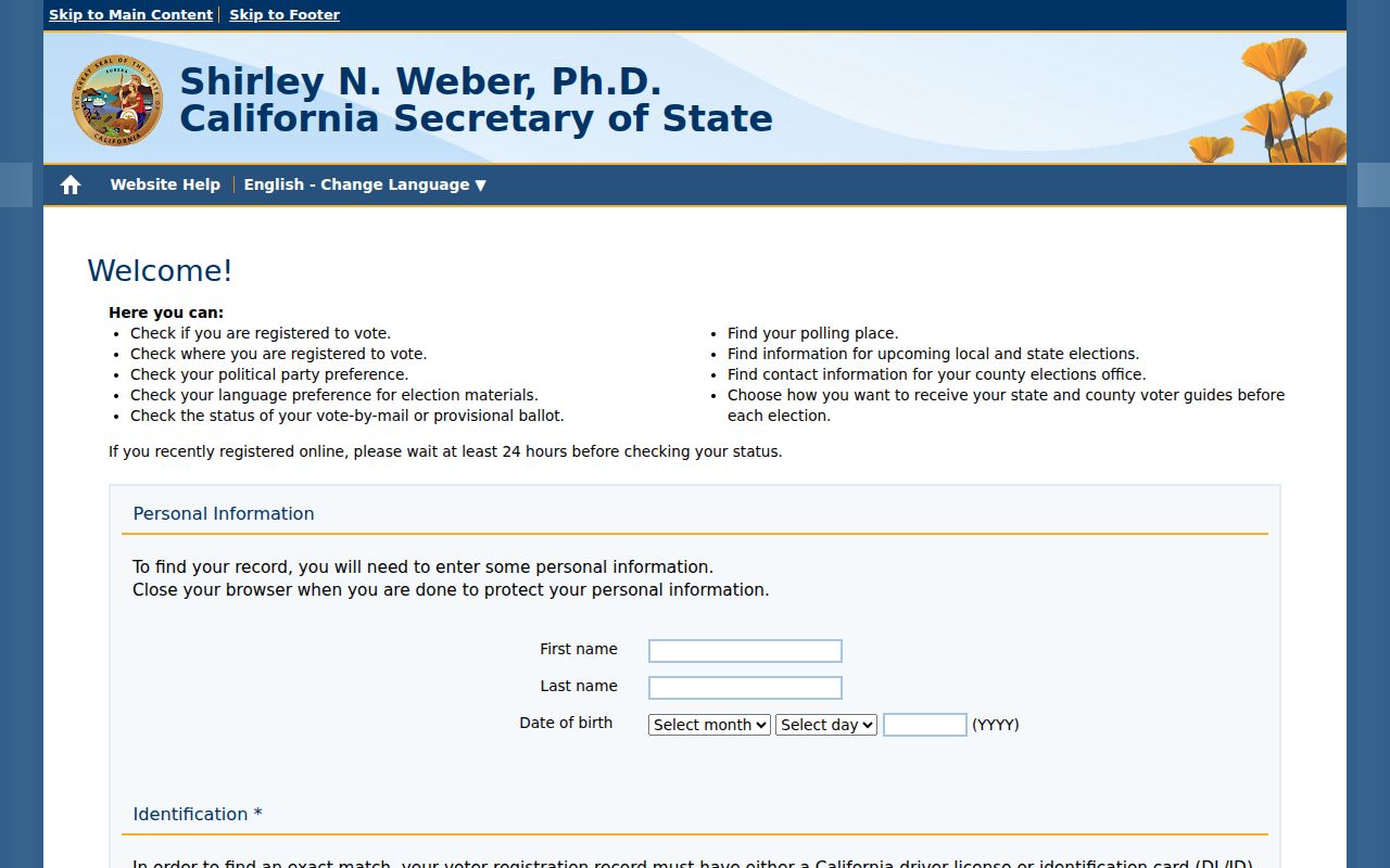 Rancho Cordova resident lookup California My Voter Status authentication