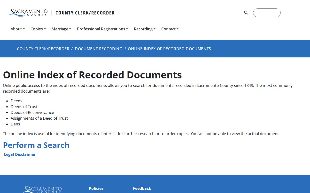 Rancho Cordova street directory recorded document party index