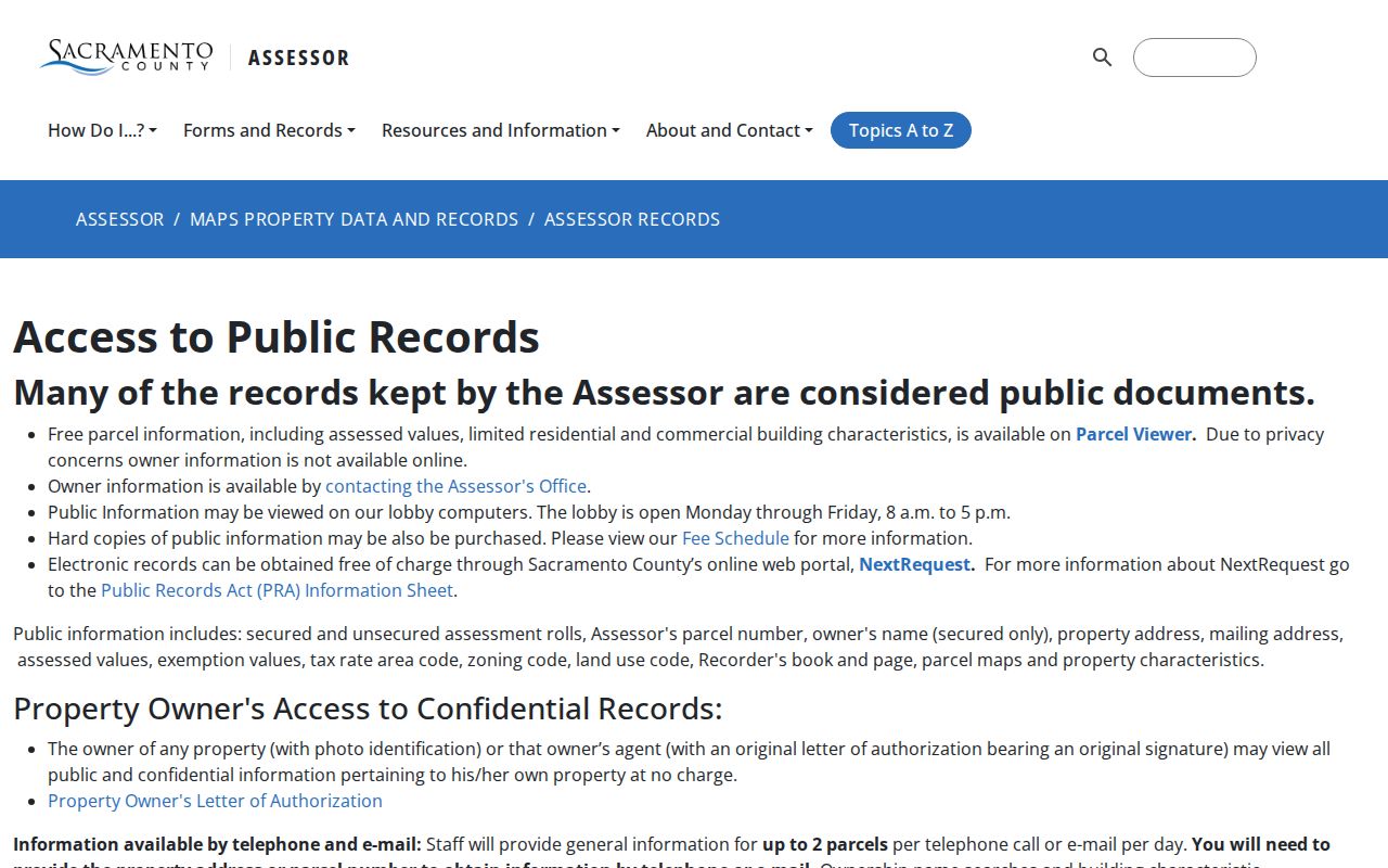 Rancho Cordova street directory Assessor public records access page